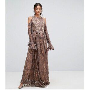 True Decadence Women's 6 Maxi Formal Dress Brown Wedding Cold Shoulder